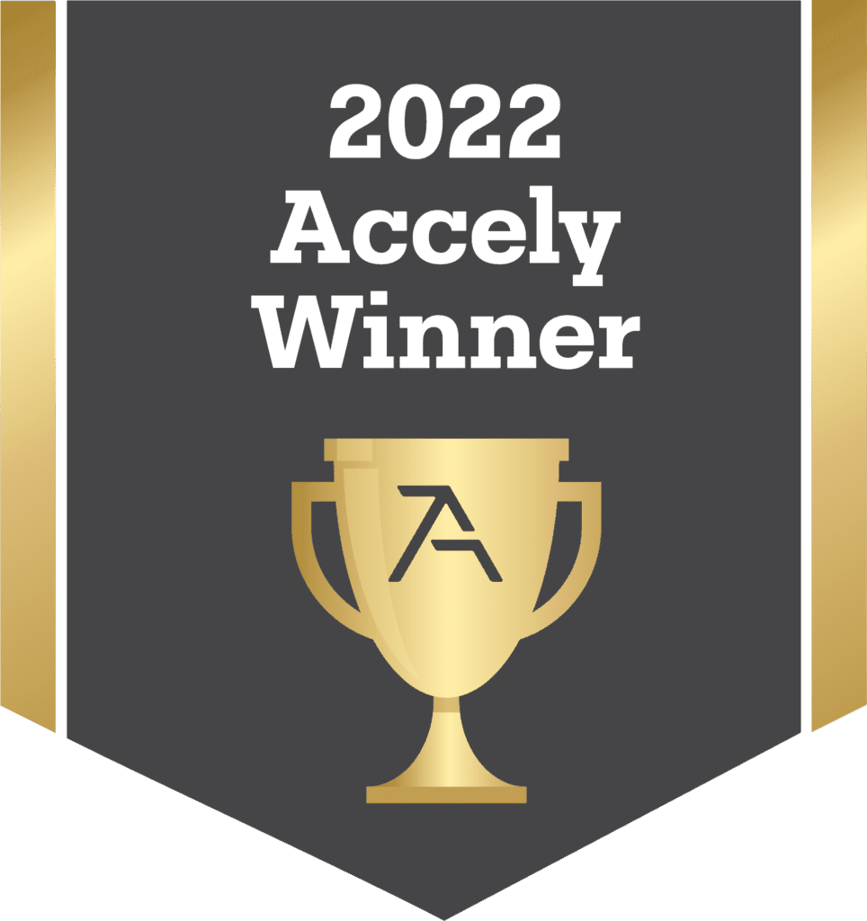 2022 Accely Winner award graphic with a golden trophy.