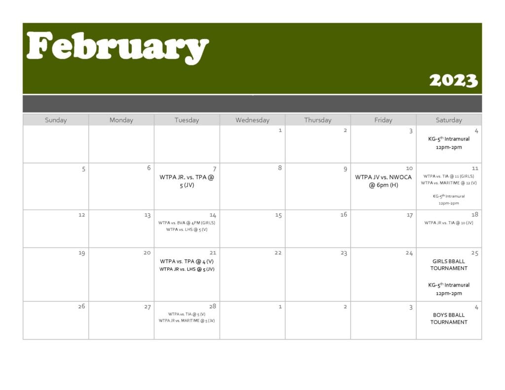 February 2023 calendar with sports events.