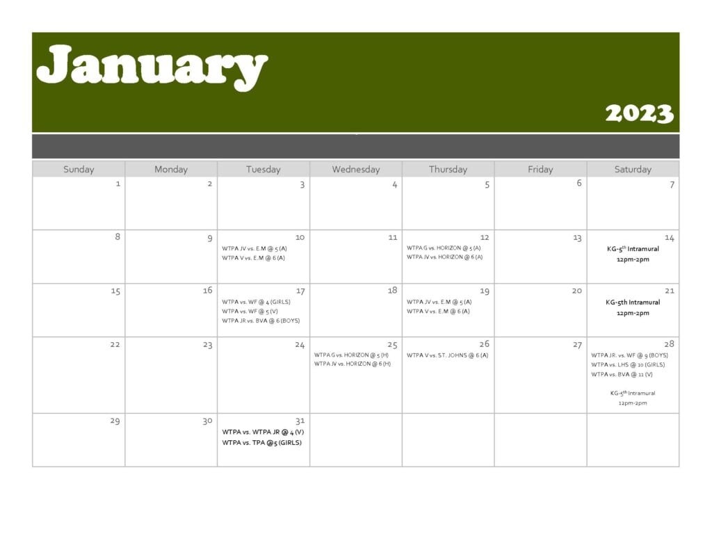 January 2023 calendar with scheduled events.