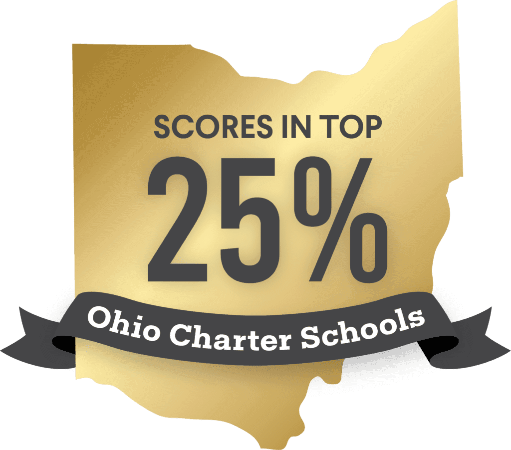 Ohio outline with text: Scores in Top 25% Ohio Charter Schools.