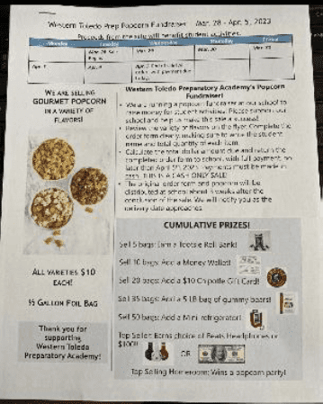 Flyer for a popcorn fundraiser with prizes.
