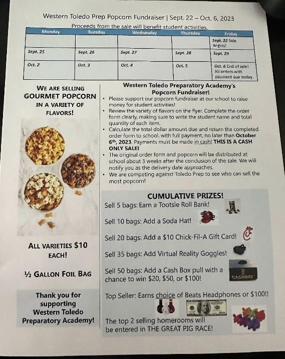 Flyer for a school popcorn fundraiser with dates, instructions, and prizes.