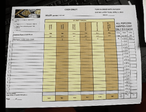 Popcorn fundraiser order form with sales grid.