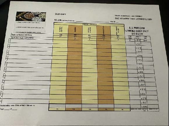 Popcorn order form with pricing and seller details.